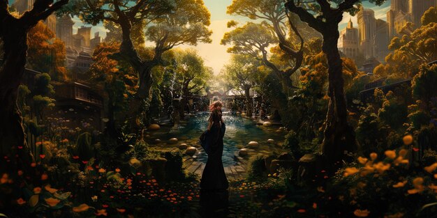 une peinture d'une femme dans une forêt avec des arbres et des fleurs