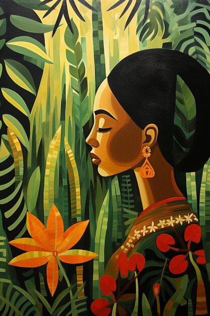 Peinture d'une femme dans une forêt tropicale avec une fleur générative ai