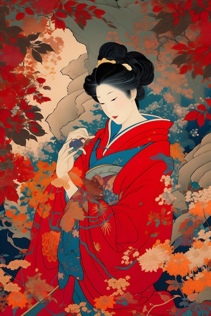 Une peinture d'une femme dans un kimono rouge avec un oiseau dans sa main