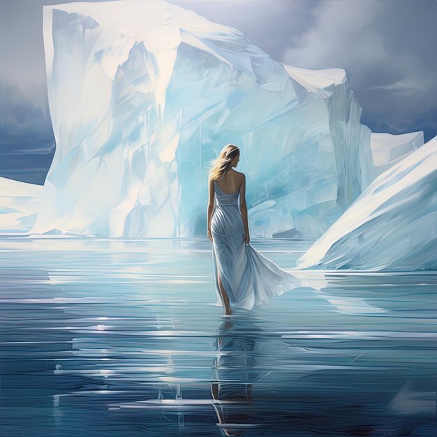 une peinture d'une femme dans une robe blanche dans l'eau avec des icebergs en arrière-plan