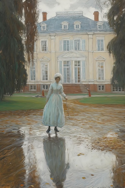 Photo une peinture d'une femme dans une robe blanche dans la pluie