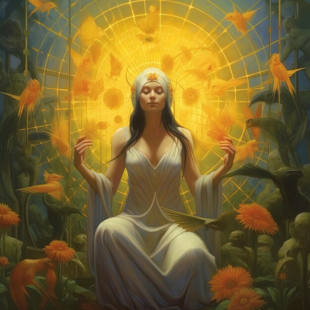 une peinture d'une femme dans une robe blanche avec un soleil en arrière-plan