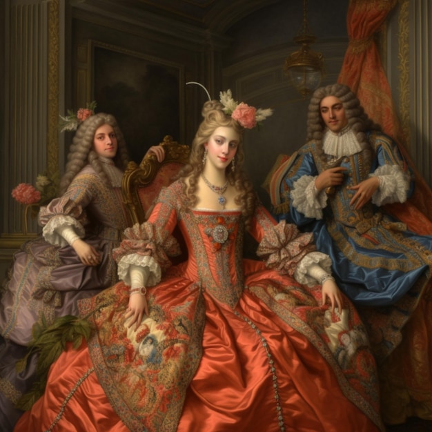 Une peinture d'une femme dans une robe rouge avec un homme dans une robe bleue et une femme dans une tenue rouge.