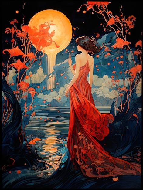 une peinture d'une femme dans une robe rouge avec une lune en arrière-plan