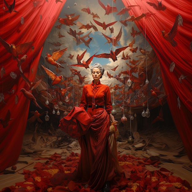 une peinture d'une femme dans une robe rouge avec des oiseaux en arrière-plan