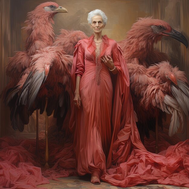 une peinture d'une femme dans une robe rouge avec des oiseaux en arrière-plan