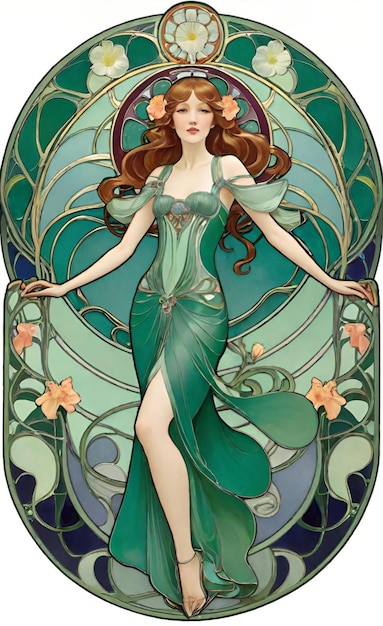 une peinture d'une femme dans une robe verte avec une robe verte