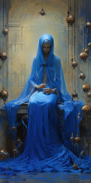une peinture d'une femme dans un sari bleu