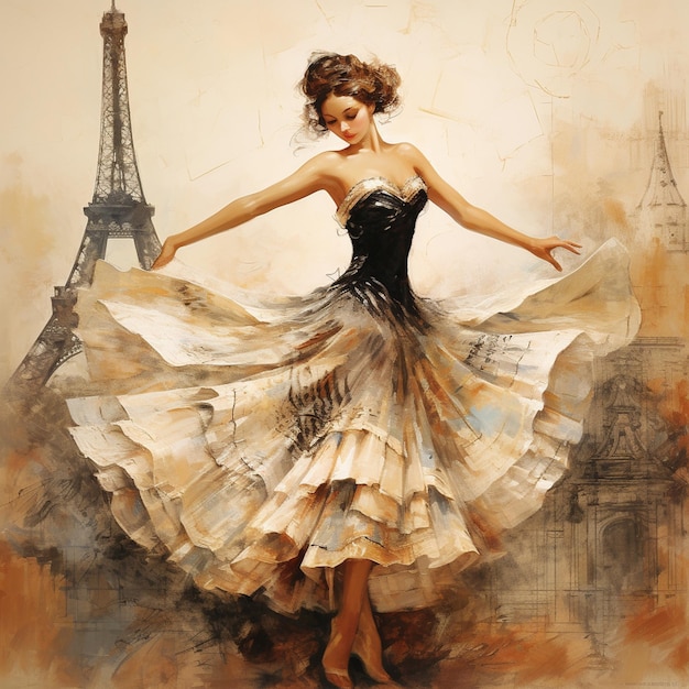 une peinture d'une femme dansant devant un bâtiment avec la tour Eiffel en arrière-plan.
