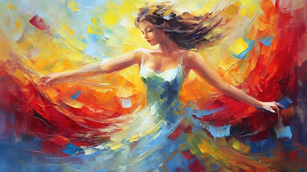 Une peinture d'une femme dansant avec une plume rouge au milieu.
