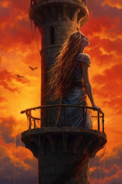 Une peinture d'une femme debout au sommet d'une tour image générative ai