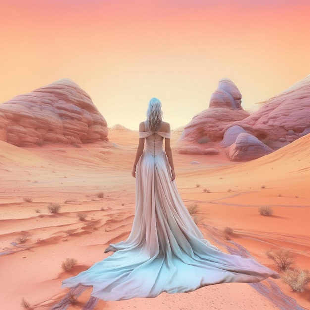Une peinture d'une femme debout dans le désert avec une grosse pierre au milieu