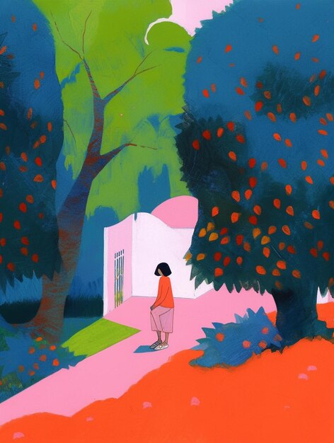 peinture d'une femme debout dans un jardin avec un oranger génératif ai