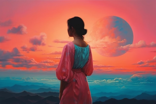 Une peinture d'une femme debout devant un coucher de soleil.