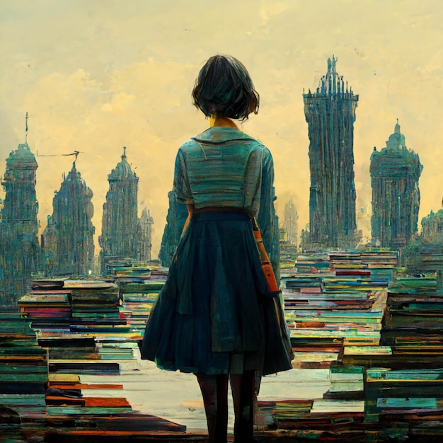 Peinture d'une femme debout devant un grand nombre de livres générative ai