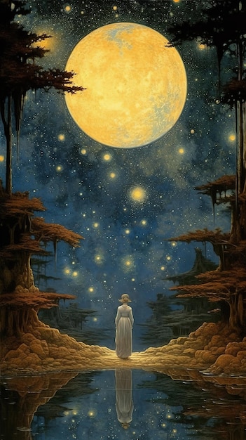 Une peinture d'une femme debout devant une pleine lune.