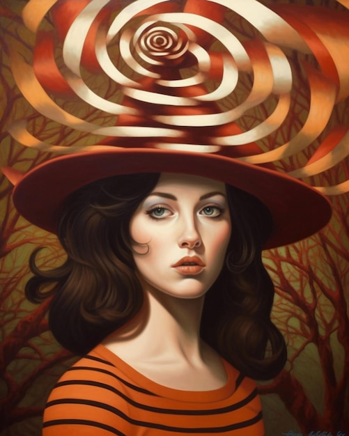 Une peinture d'une femme avec un dessin en spirale sur son chapeau.