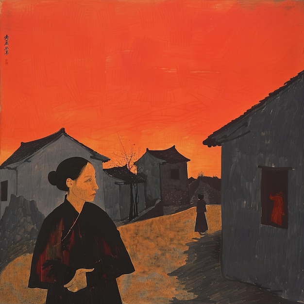 une peinture d'une femme devant un ciel rouge avec un fond rouge