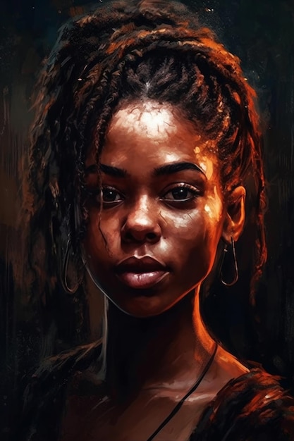 Une peinture d'une femme avec des dreadlocks et un fond rouge.