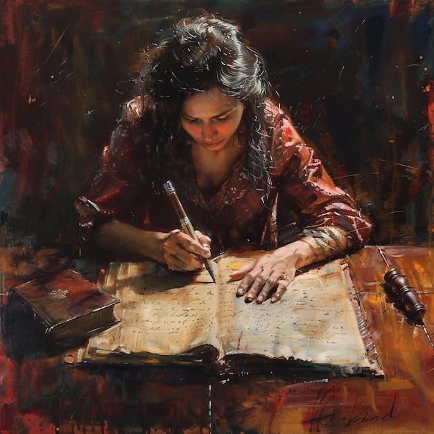 une peinture d'une femme écrivant sur un morceau de papier