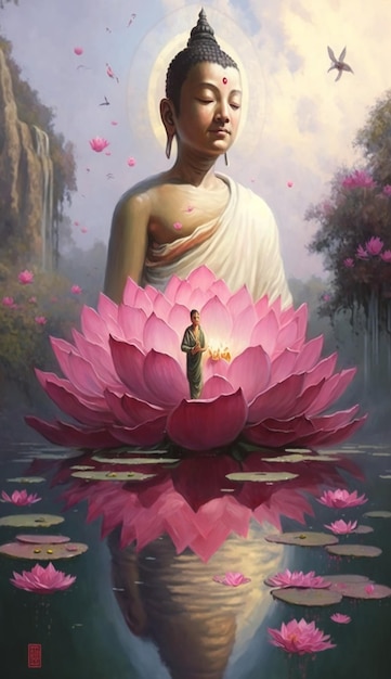 Une peinture d'une femme entourée d'une fleur de lotus.