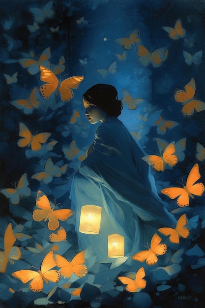 Une peinture d'une femme entourée de papillons.