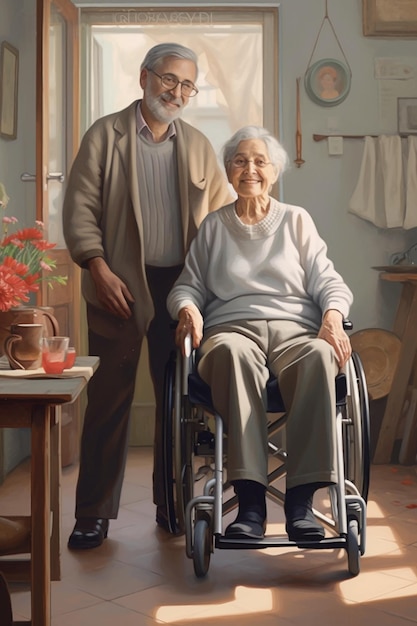 Une peinture d'une femme en fauteuil roulant avec un homme en manteau marron et un chapeau blanc.