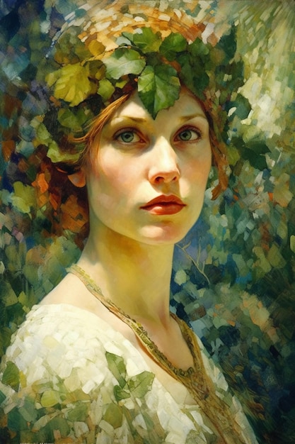 Une peinture d'une femme avec des feuilles sur la tête