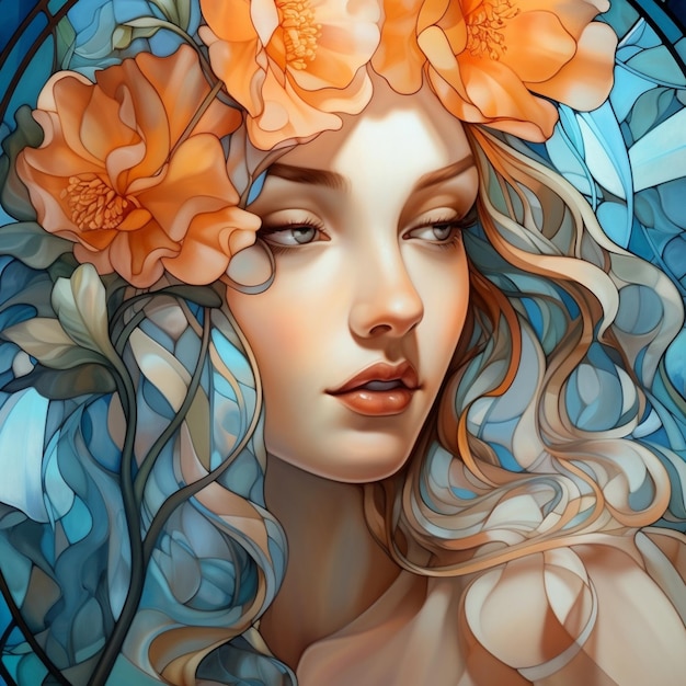 Peinture d'une femme avec des fleurs dans les cheveux et un vitrail génératif ai