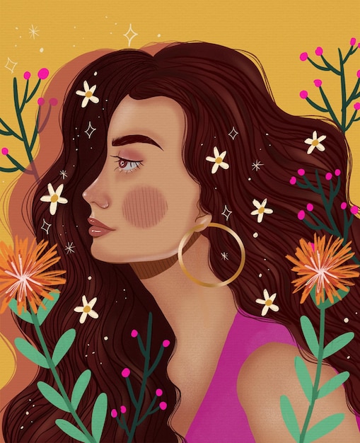 une peinture d'une femme avec des fleurs et une image d' une femme avec une boucle d'oreille