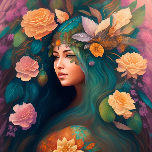 Une peinture d'une femme avec des fleurs sur ses cheveux