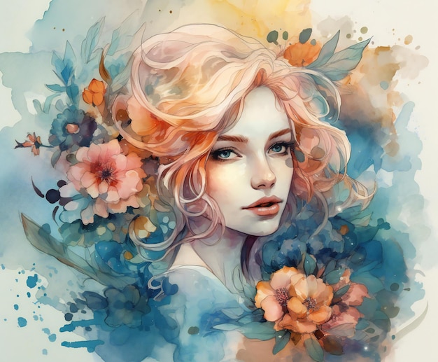 Une peinture d'une femme avec des fleurs sur son visage