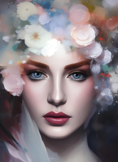 Une peinture d'une femme avec des fleurs sur son visage