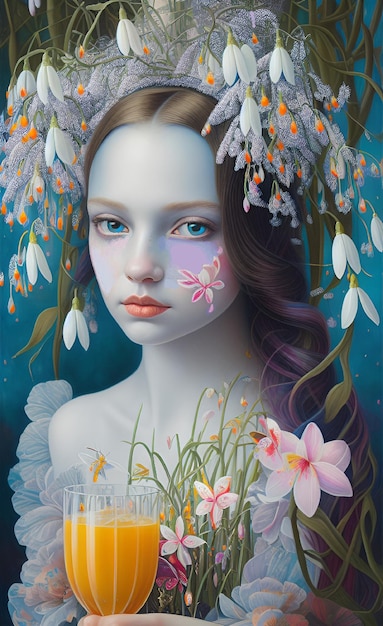 Une peinture d'une femme avec des fleurs sur son visage