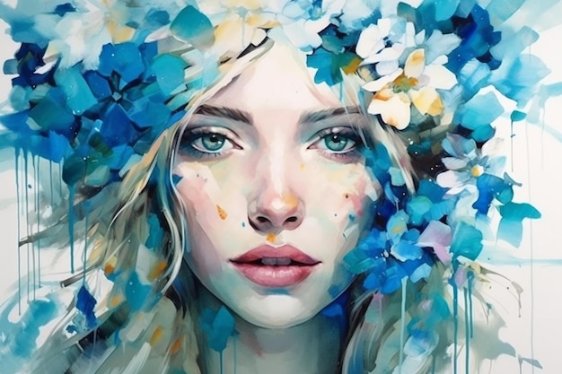 Une peinture d'une femme avec des fleurs sur son visage