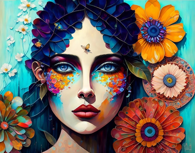 Une peinture d'une femme avec des fleurs sur son visage.