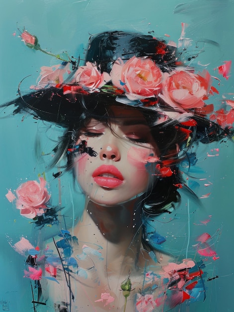 Photo peinture d'une femme avec des fleurs sur la tête