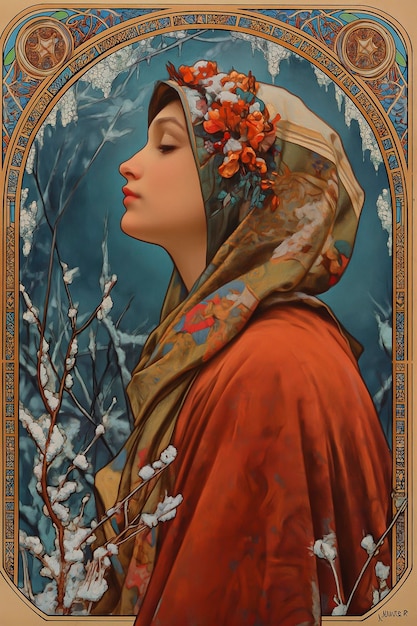 Photo peinture d'une femme avec un foulard et des fleurs dans les cheveux impressions graphiques vintage