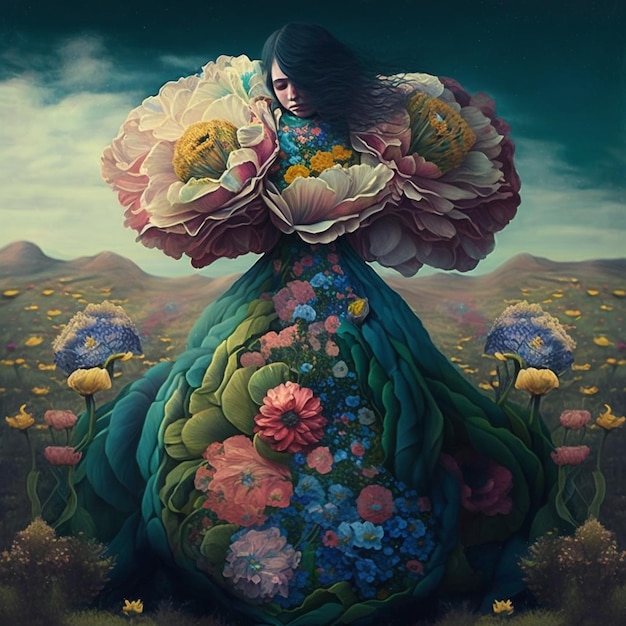Une peinture d'une femme avec une grande fleur sur sa robe