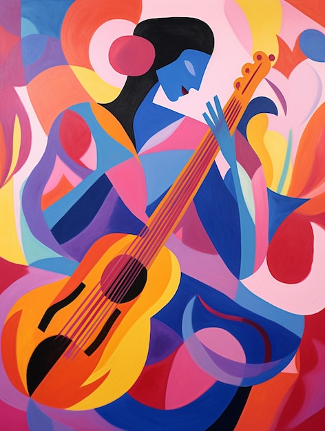 peinture d'une femme jouant de la guitare dans une peinture abstraite colorée