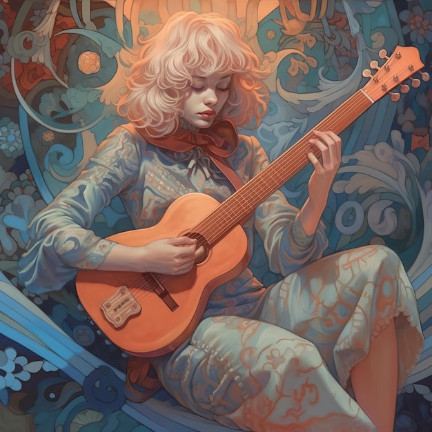 Une peinture d'une femme jouant de la guitare.