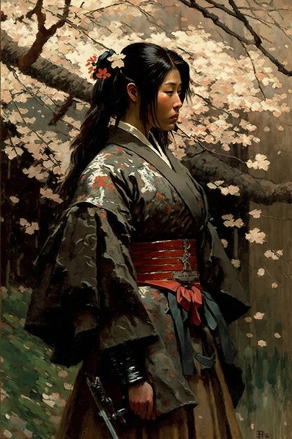 Photo une peinture d'une femme en kimono avec des fleurs sur les branches d'un arbre.