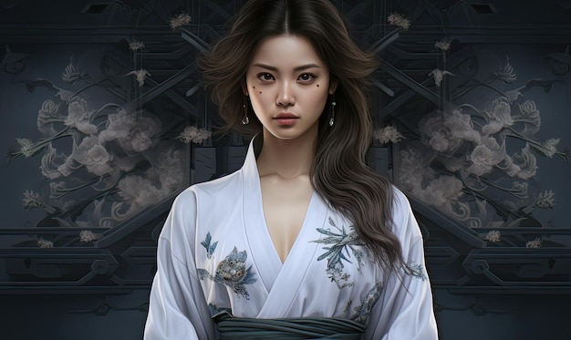 Une peinture d'une femme en kimono