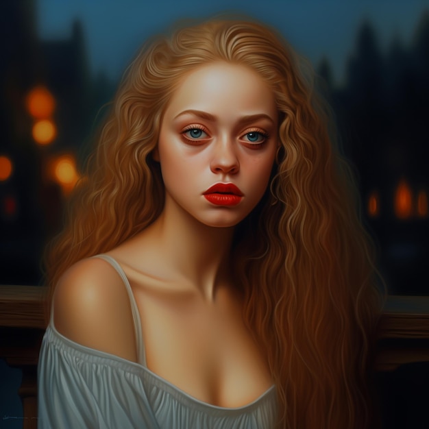 Une peinture d'une femme avec des lèvres rouges et une robe blanche