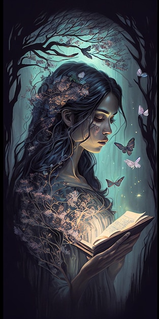 Peinture d'une femme lisant un livre dans la forêt générative ai
