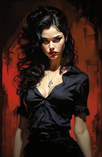 Photo une peinture d'une femme avec de longs cheveux noirs et une chemise noire