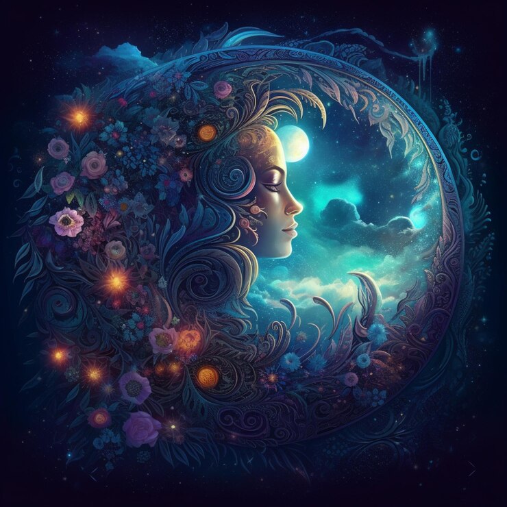 Photo une peinture d'une femme avec une lune dans ses cheveux