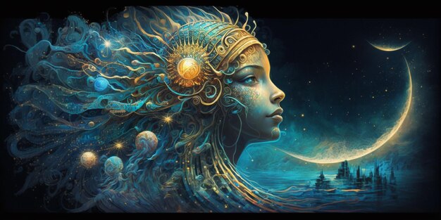 Peinture d'une femme avec une lune et un navire en arrière-plan ai générative