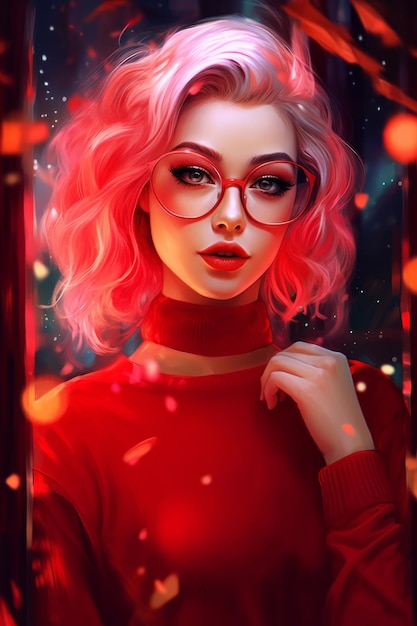 Une peinture d'une femme avec des lunettes et une chemise rouge