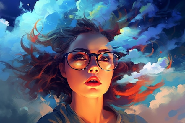 Une peinture d'une femme avec des lunettes et un fond de nuage.